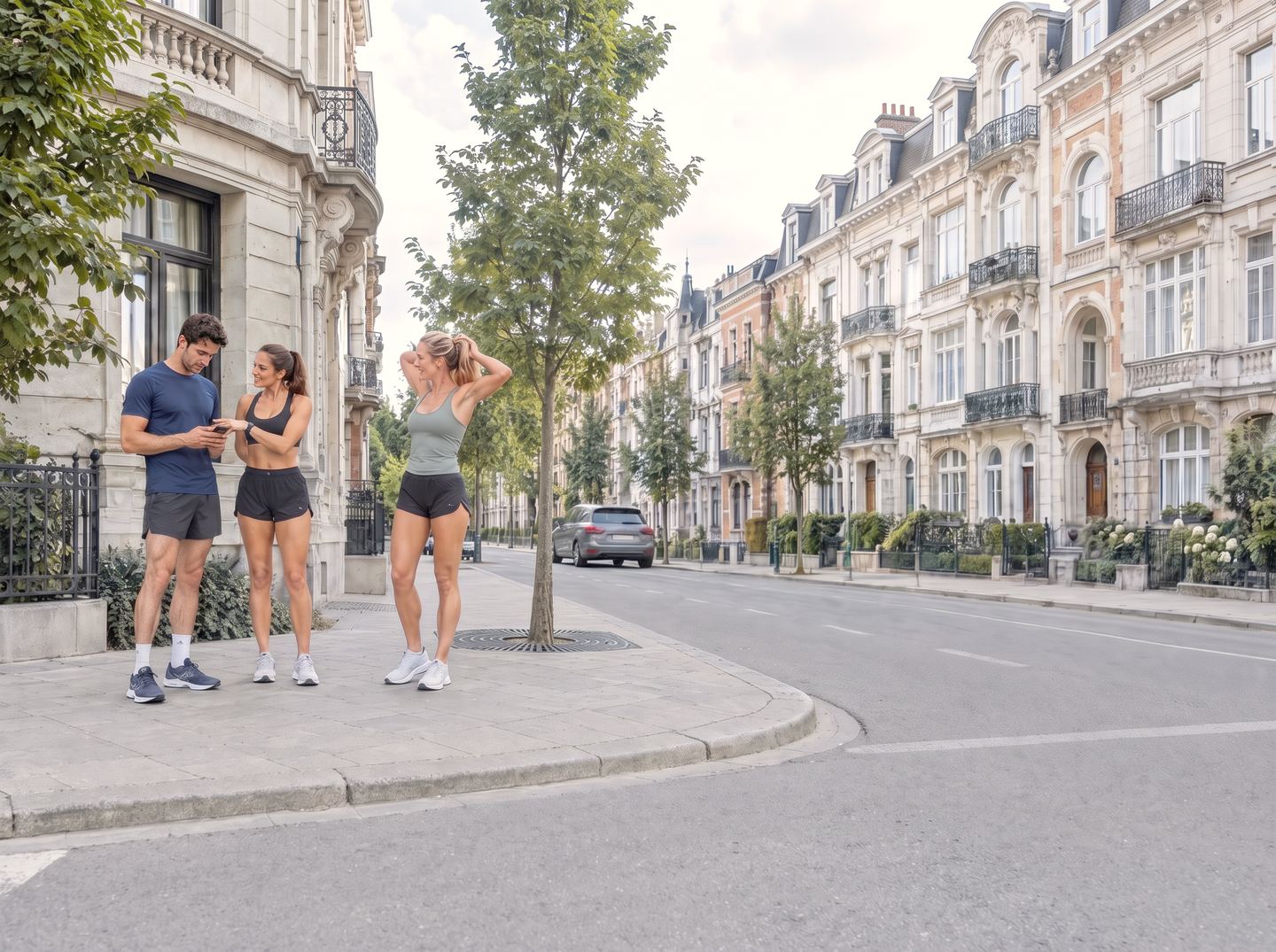 Three friends in running kit on a Brussels street corner, one showing the others something on his iPhone.