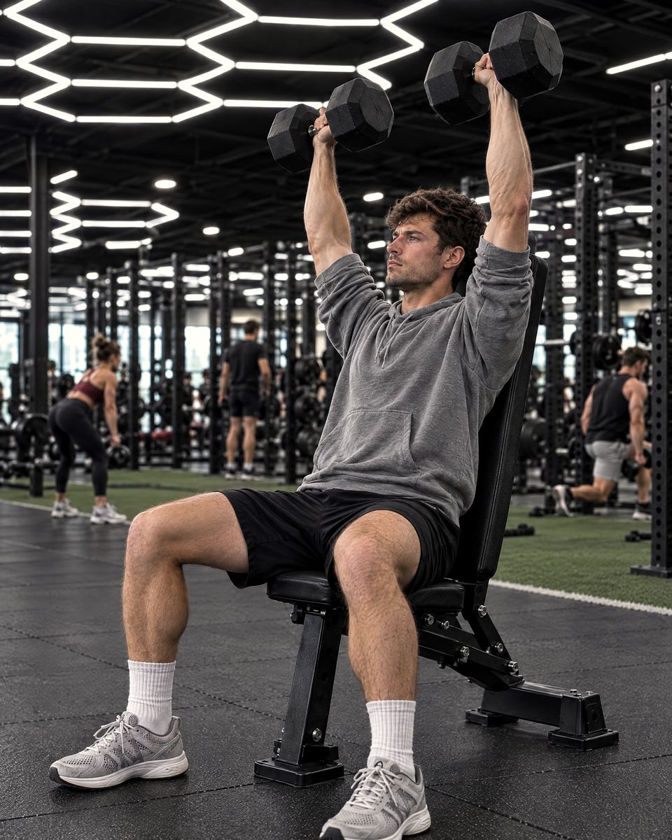 A man in an oversized grey hoodie doing a seated dumbbell shoulder press in a busy gym under honeycomb lights.