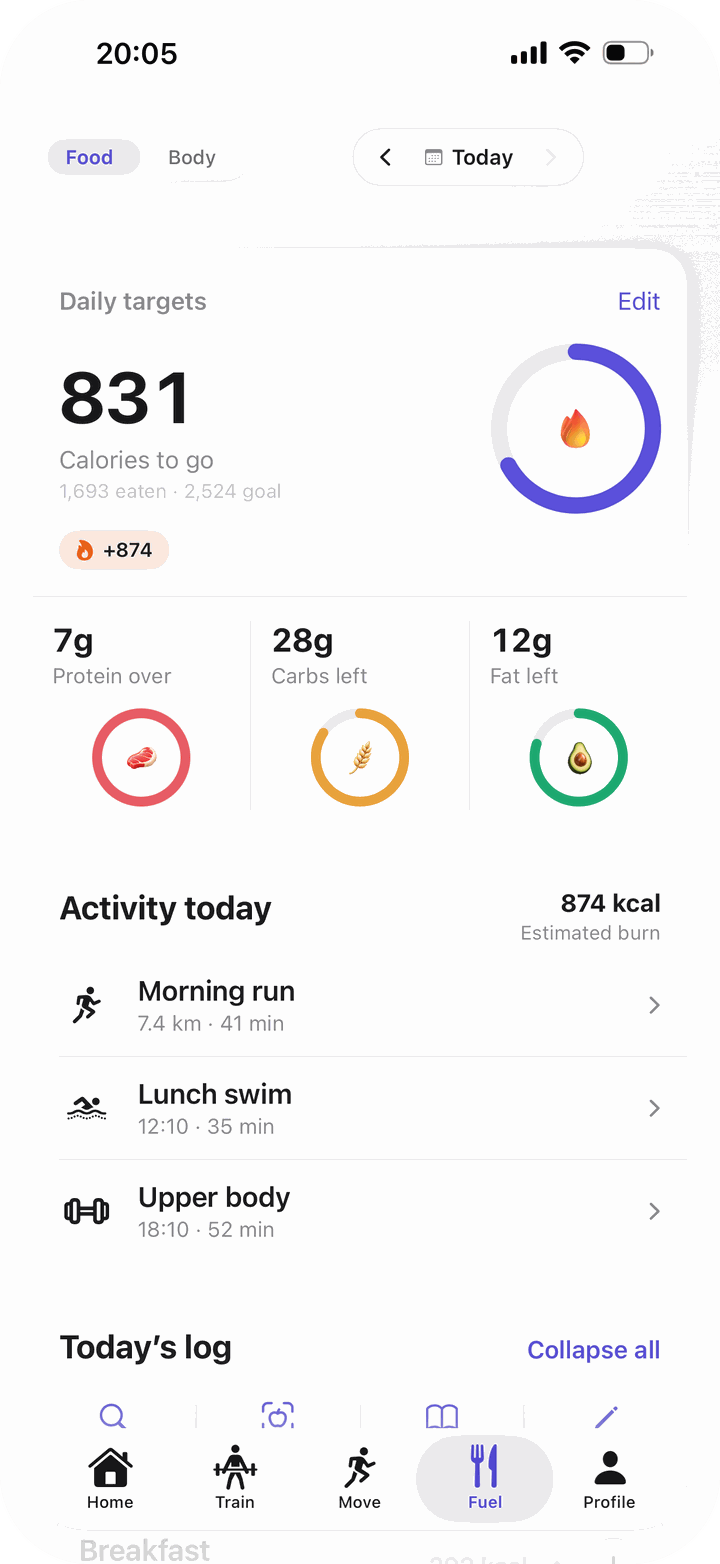 Bayda’s Fuel tab: 831 calories to go, with protein, carbs and fat rings and today’s activity.