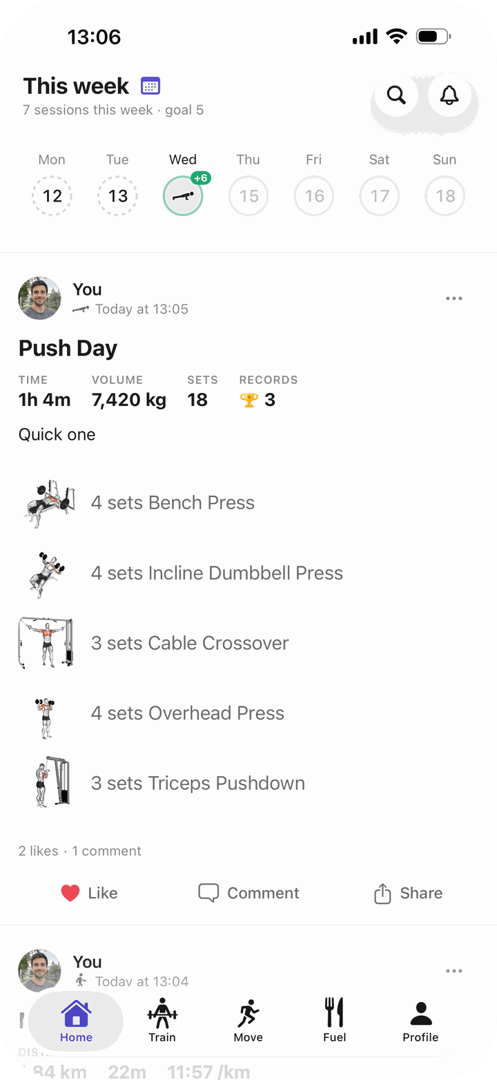 Bayda’s Home: this week’s sessions above your Push Day workout, with its time, volume, sets and three records.
