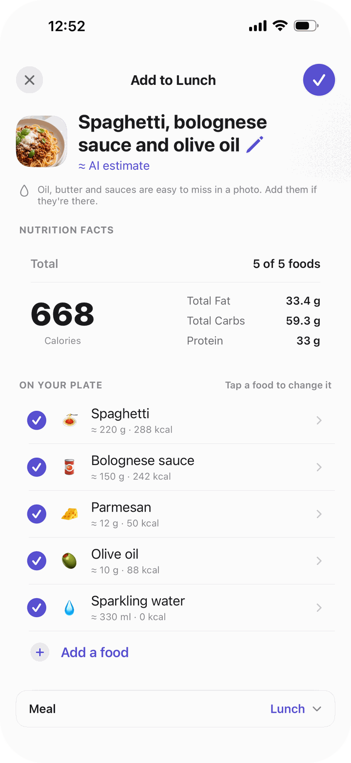 Bayda’s AI food scan: spaghetti bolognese with olive oil, 668 calories, and each food on the plate with its portion: spaghetti, bolognese sauce, parmesan, olive oil and sparkling water.
