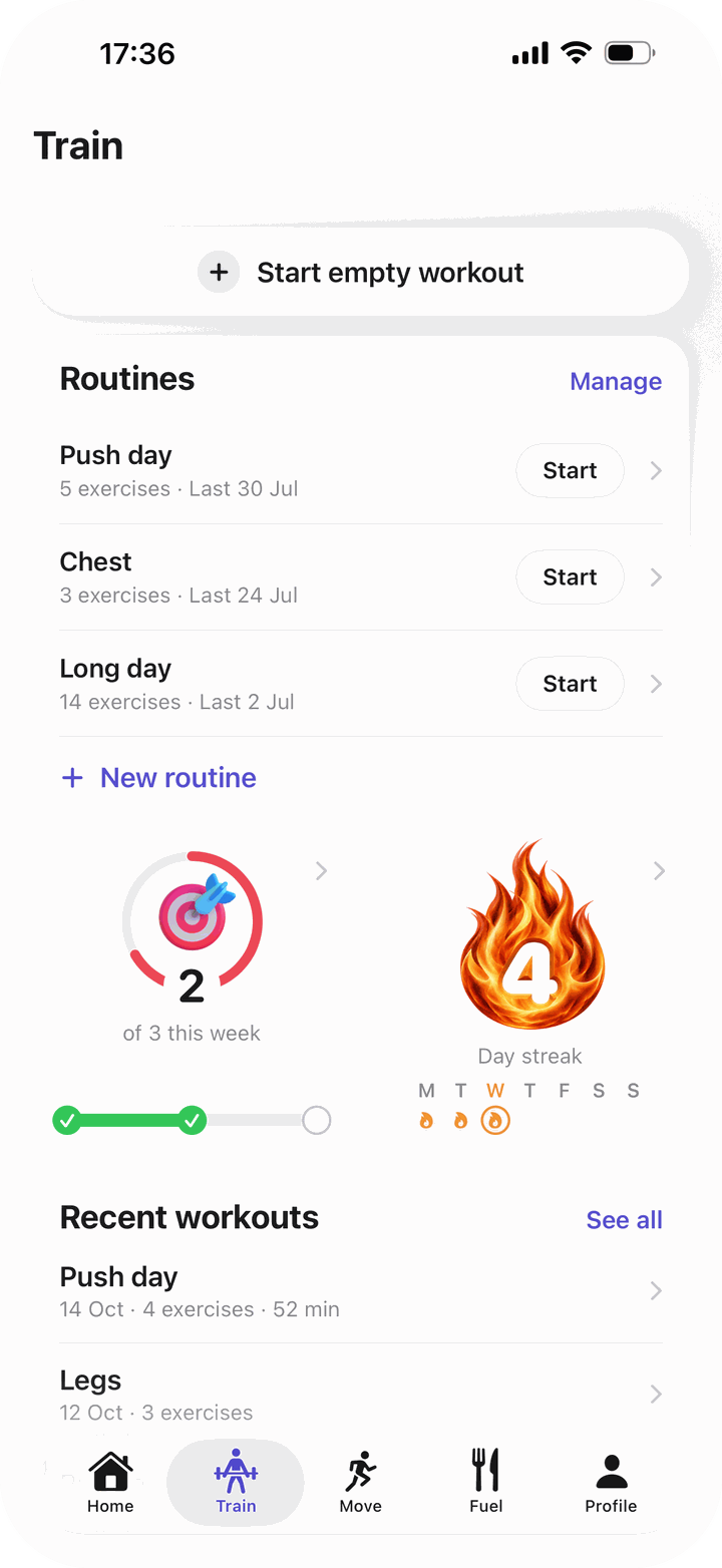 Bayda’s Train tab: routines to start, 2 of 3 sessions this week and a 4 day streak.