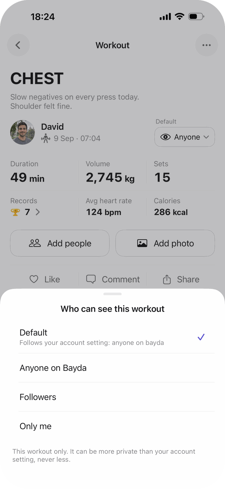Bayda’s Who can see this workout panel: Default, Anyone on Bayda, Followers or Only me.
