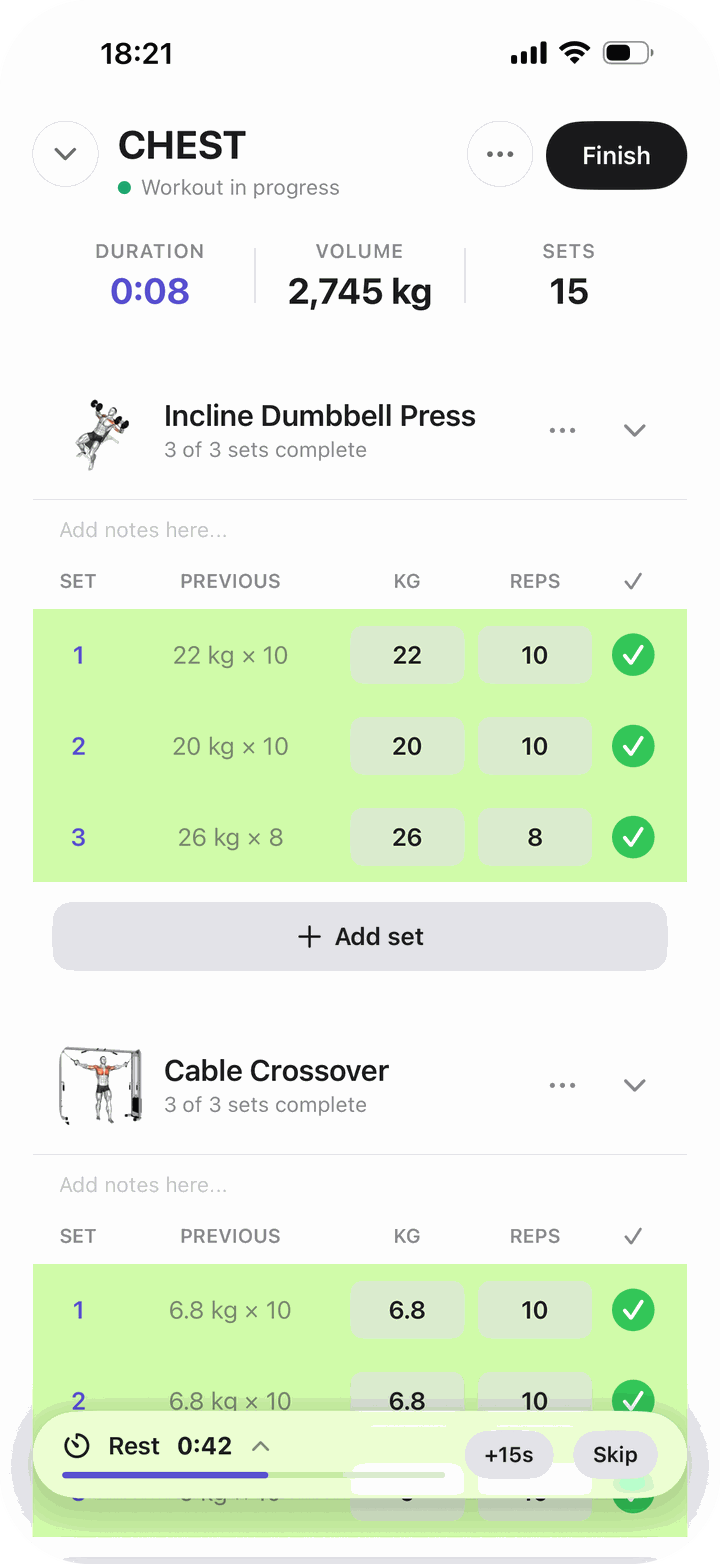 Bayda’s workout player: each set beside the weight and reps from last time, ticked off in green, with the rest timer running.